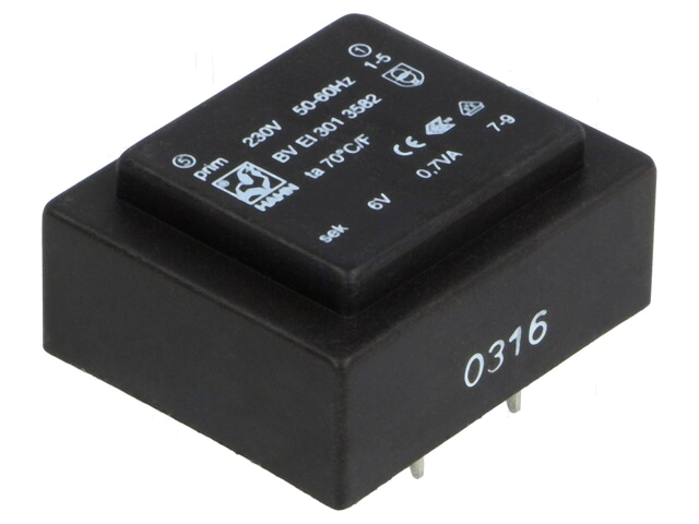 Transformator: ingegoten; 0,7VA; 230VAC; 6V; 117mA; PCB; BVEI Transformator: ingegoten; 0,7VA; 230VAC; 6V; 117mA; PCB; BVEI